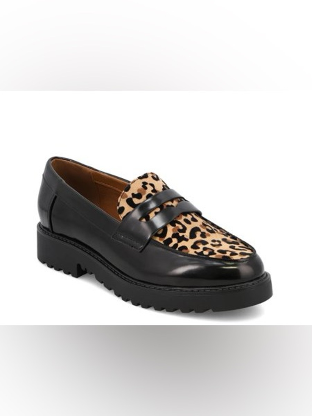Black Leather Loafer with Leopard Print Accent - Women